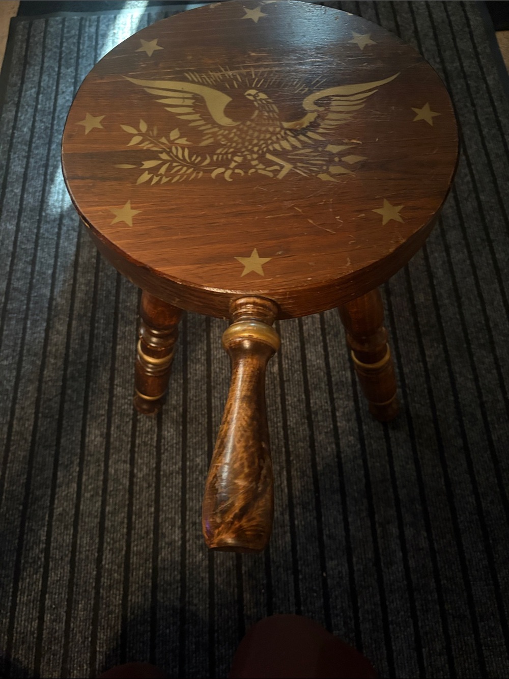 1950’s Vintage Americana Rustic 3 Leg Wooden Milk Stool W/ Handle & Star Motif